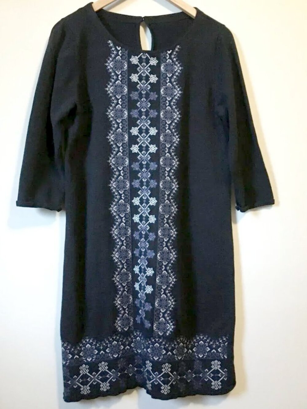 Monsoon London Folksy 100% Cotton Embroidered 3/4 Sleeve Knit Nordic Shift Dress